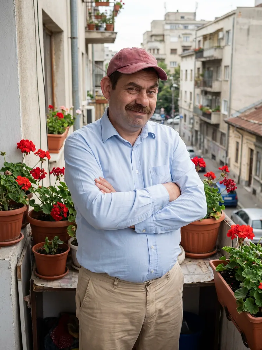 Bulă pe balcon, între mușcate, cu brațele încrucișate