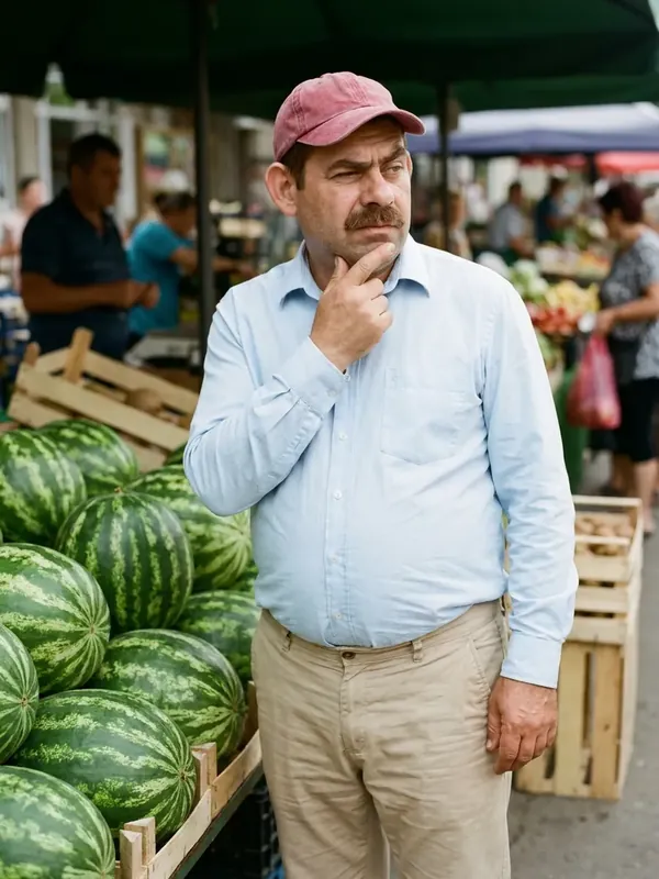 Bulă la piață, cu degetul pe bărbie, punând ceva la cale