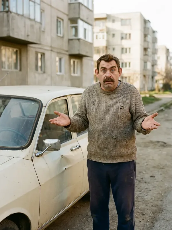 Bulă lângă o mașină lovită, ridicând nevinovat din umeri