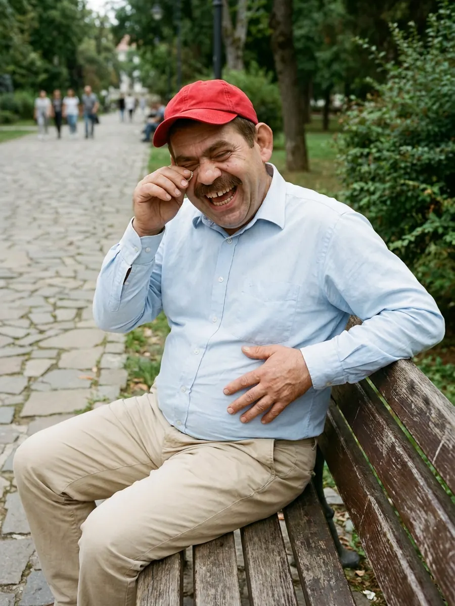 Bulă râzând cu lacrimi pe o bancă în parc