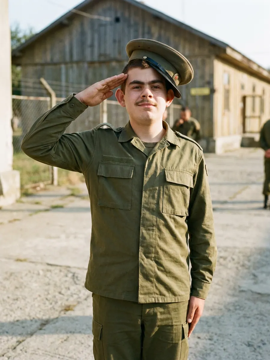 Bulă soldat, salutând mândru în curtea unității